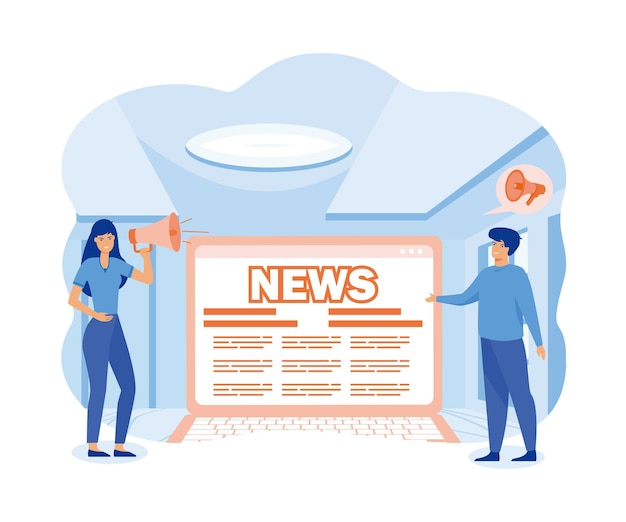 News tiny people read breaking news online using laptop flat vector modern illustration