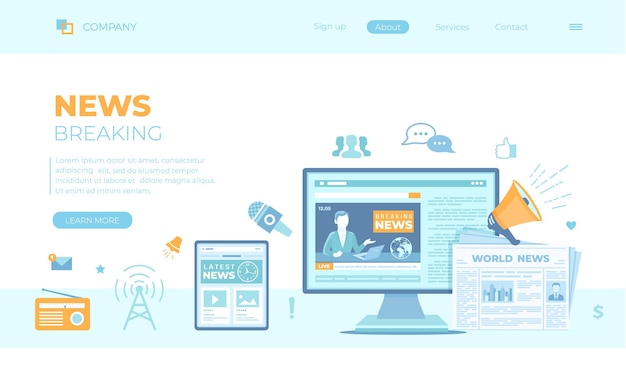 ベクトル ニュース更新 オンライン ニュース モニターとタブレットの画面に放送局が表示されるニュース速報 web サイト