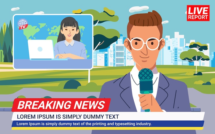 Vector news woman anchor broadcasting the news with a reporter live on screen working in suburbs town city