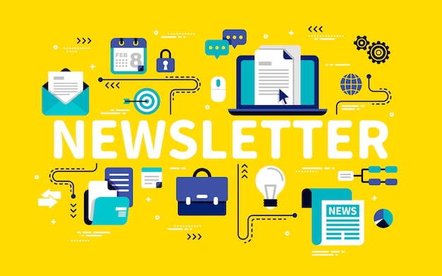 Concetto di newsletter, forniture per ufficio in stile