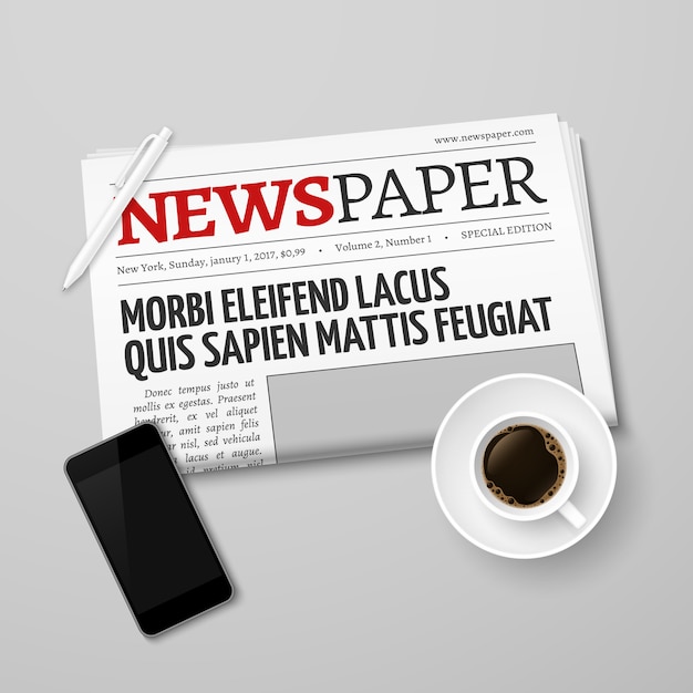 新聞、パン、コーヒーカップ、スマートフォン