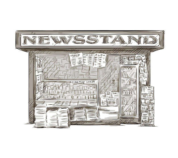 Vector newsstand. hand drawn press kiosk. vector illustration.