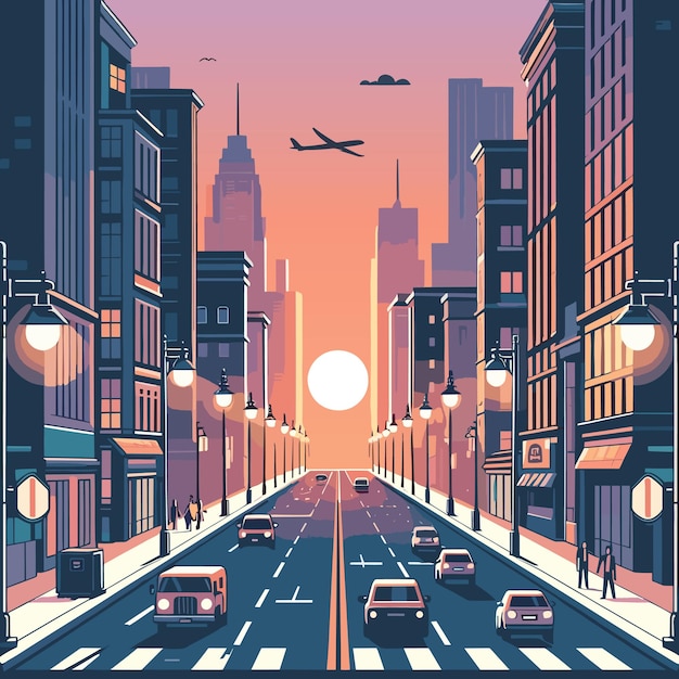 Newyork city and sunset scene in flat vector