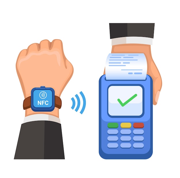 Nfc-betaling met behulp van smartwach contant en contactloos mobiel bankieren technologie symbool vector