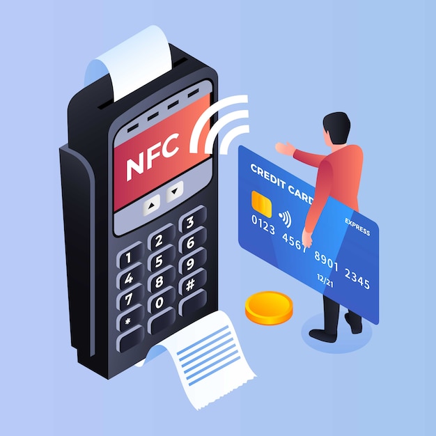 Nfc платежный терминал, фон, изометрический стиль