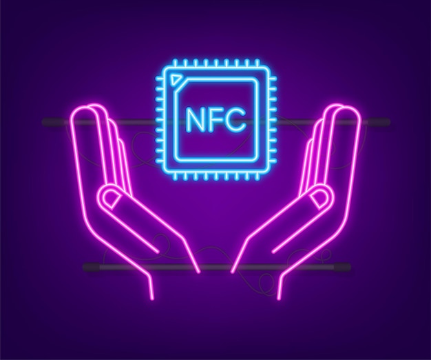 Nfc processor neon icoon met handen. nfc-chip. near-field communicatie. vector voorraad illustratie.