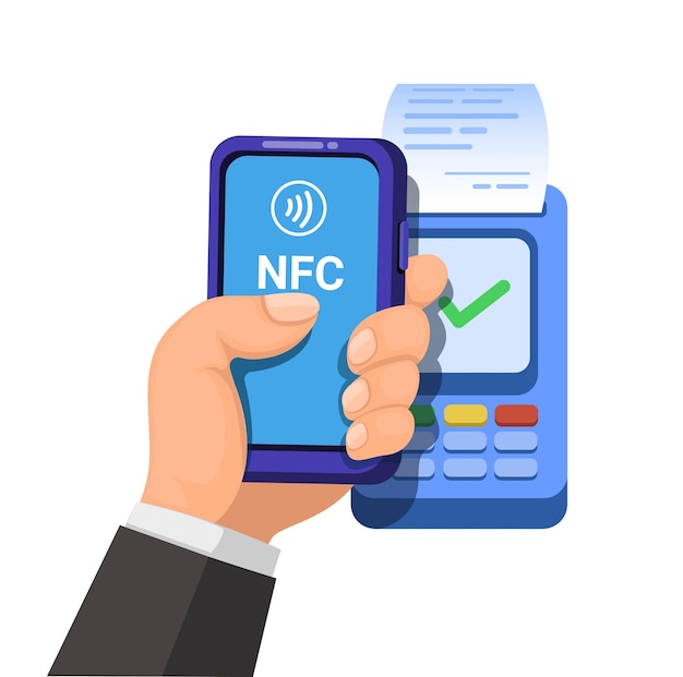 Технология NFC на бесконтактной оплате смартфона с использованием вектора иллюстрации символов мобильного банкинга