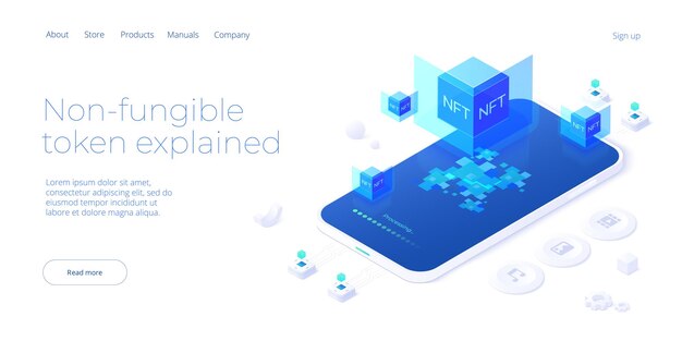 NFT abstract concept in isometric design Nonfungible token blockchain marketplace Futuristic crypto