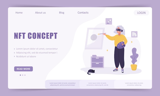 NFT art landing page template Elderly woman in VR glasses painting Metaverse or Cyberspace concept