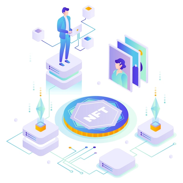 Vector nft art non fungible token vector isometric illustration digital crypto art blockchain technology