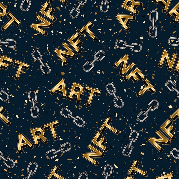 NFT ART pattern Gold inscription NFT ART fragments of chains on a dark blue background with gold dust Vector illustration