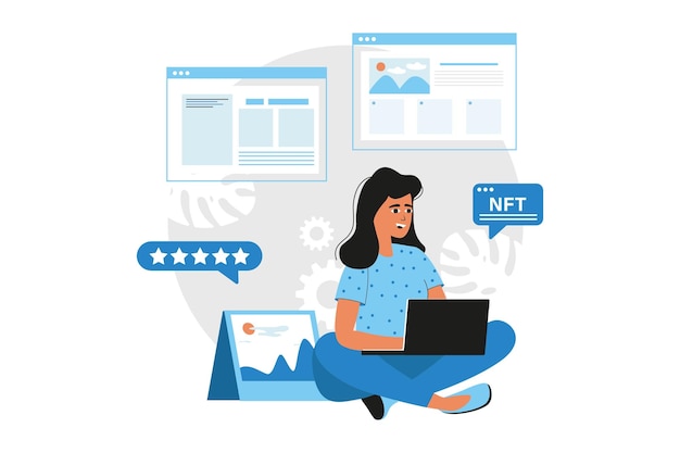 Vector nft blue concept with people scene in the flat cartoon design girl works with digital data on the internet and earns money vector illustration