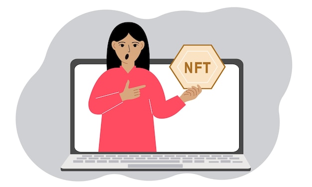 NFT concept Een laptop waarin een vrouw met de afbeelding van NFT in de palm van zijn hand Veiling van niet-vervangbare tokens markten online onderwijs