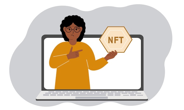 NFT concept Een laptop waarin een vrouw met de afbeelding van NFT in de palm van zijn hand Veiling van niet-vervangbare tokens markten online onderwijs