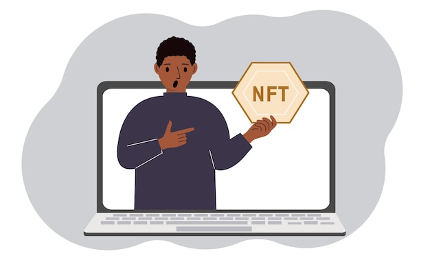 NFT concept A laptop in which a man with the image of NFT in the palm of his hand Auction of nonfungible tokens markets online education