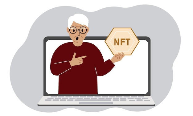 Vettore concetto nft un laptop in cui un vecchio con l'immagine di nft nel palmo della mano asta di token non fungibili mercati istruzione online