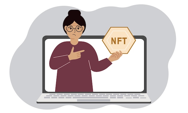 NFT concept A laptop in which a woman with the image of NFT in the palm of his hand Auction of nonfungible tokens markets online education