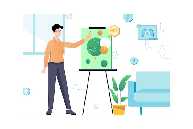 NFT-concept met mensenscène in plat cartoonontwerp Man analyseert inkomsten en legt op whiteboard nieuwe strategie van digitaliseringsactiva uit Vectorillustratie