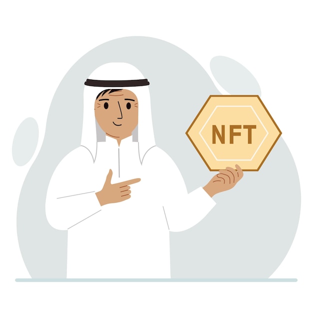 NFT 개념 이슬람 남자는 nft를 손에 들고 있습니다. 경매 판매 및 예술 작품 구매를 위해 대체 불가능한 토큰을 사용하는 예술 작품