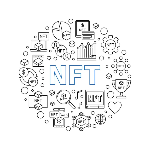 NFT 개념 개요 라운드 배너 대체할 수 없는 토큰 벡터 일러스트 레이 션