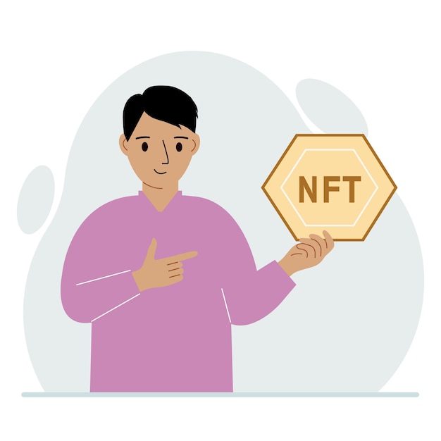 Nft 개념 그 남자는 Nft를 손에 들고 있습니다. 경매 판매 및 예술 작품 구매를 위해 대체 불가능한 토큰을 사용하는 예술 작품