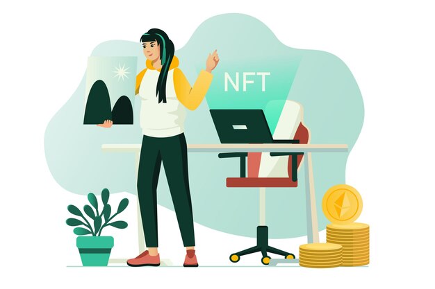 nft concept with people scene in the flat cartoon style the girl studies all the details of the nft