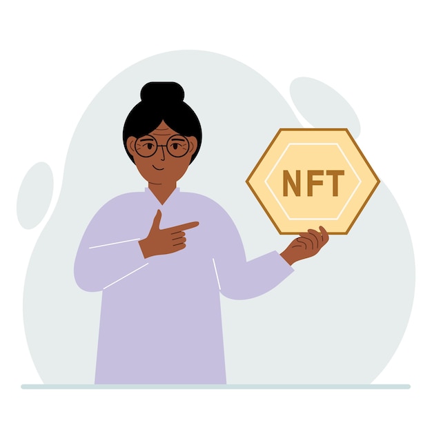 NFT 개념 여자는 nft를 손에 들고 있습니다. 경매 판매 및 예술 작품 구매를 위해 대체할 수 없는 토큰을 사용하는 예술 작품