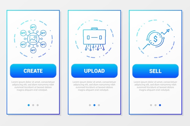 NFT crypto art stock market and exchange trading platform Mobile app mockup banners. Vector template