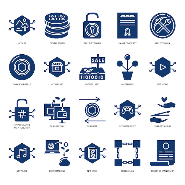 NFT digital technology icon set