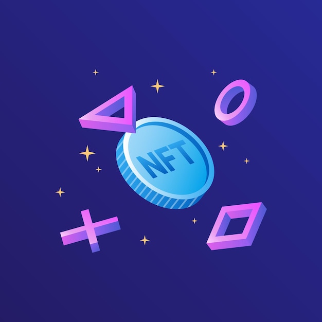 Vector nft games flying coin with geometric shapes p2e crypto games illustration