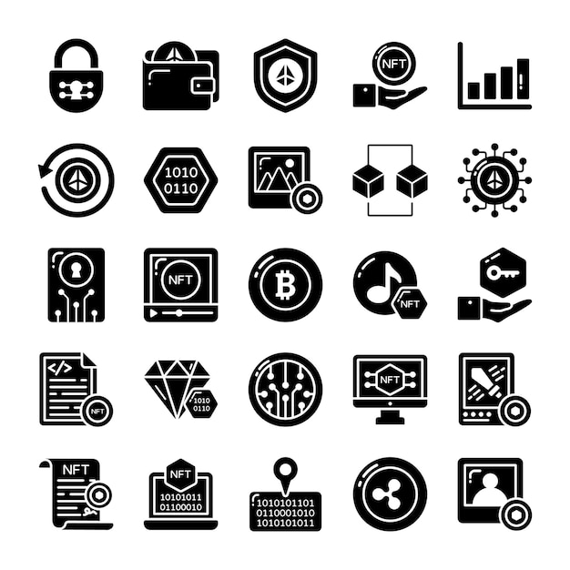 NFT icon set Nonfungible token Blockchain crypto currency and more