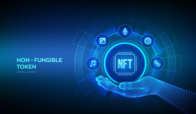 NFT icon in wireframe hand Nonfungible token digital crypto art blockchain technology concept on virtual screen Investment in cryptographic Vector illustration