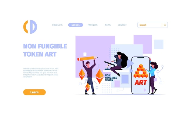 Nft landing digital crypto art pixel e dipinti 3d unici per la vendita di negozi blockchain per artisti moderni nft funziona modello di pagine web vettoriali sgargianti