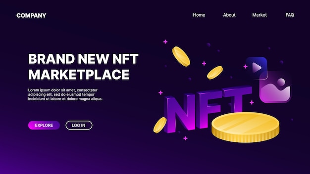 Nftマーケットプレイスイラストパープルランディングウェブサイトページ