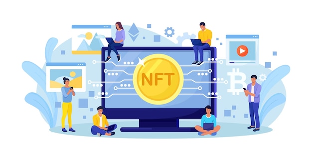 Торговая площадка NFT с криптографическими предметами искусства в продаже и технологией блокчейн Люди используют не взаимозаменяемые токены криптовалюты для покупки эксклюзивных шедевров искусства и предметов старины в киберпространстве