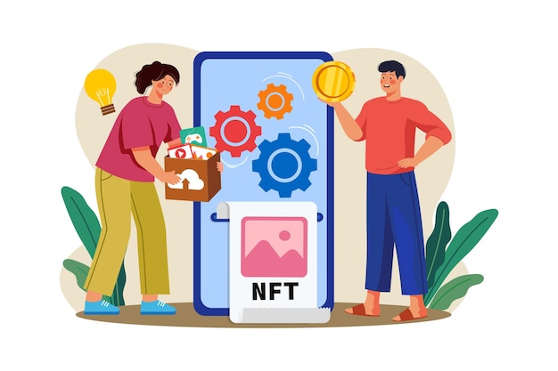 白い背景の上の nft 鋳造プロセス図概念