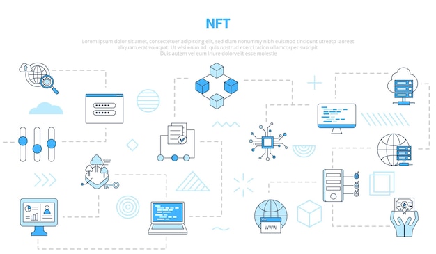 Nft niet-fungibel tokenconcept met pictogrammenset sjabloonbanner met moderne blauwe kleurstijl