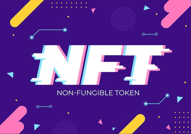 Nft niet-fungible token crypto kunst van het omzetten in digitaal netwerk met muntservers voor banner of poster in platte achtergrond afbeelding