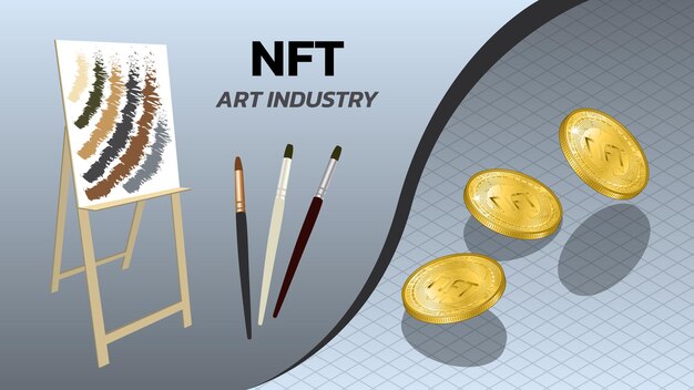 NFT niet-verwisselbare tokens banner van de kunstindustrie met ezelborstels en isometrische vallende munten Betaal voor unieke verzamelobjecten in games of kunst Vectorillustratie