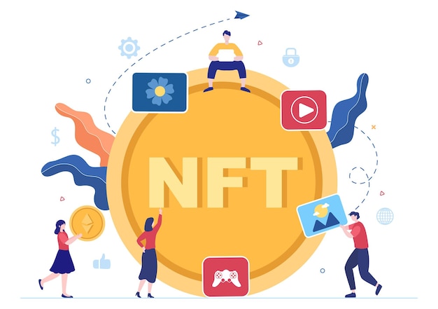 Nft non fungible token crypto art of converting in digital network with coin servers for banner or poster in flat background illustration