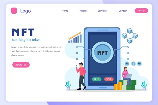 Nft non fungible token digital crypto art blockchain technology flat vector illustration