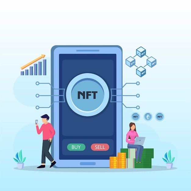 NFT non fungible token digital crypto art blockchain technology flat vector illustration