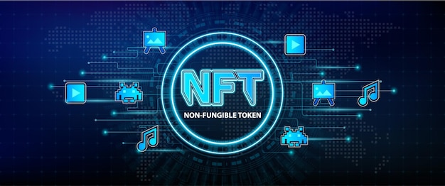 삽화와 우주선의 NFT 대체 불가능한 토큰 디지털 암호화 예술의 블록체인 기술