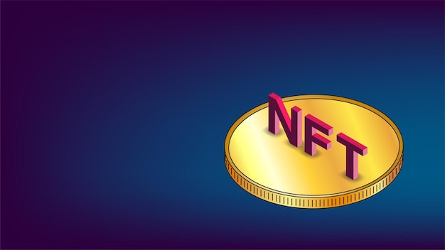 Инфографика невзаимозаменяемых токенов nft с золотой изометрической монетой на синем фоне и копией пространства. платите за уникальные предметы коллекционирования в играх или произведениях искусства. векторная иллюстрация.