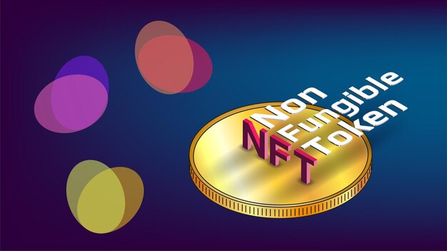 NFT non fungible tokens infographics with isometric text on golden coin and abstract shapes on blue background Pay for unique collectibles in games or art Vector illustration