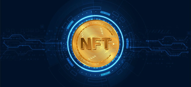 NFT nonfungible coinnon fungible token Blockchain NFT glod coin with blue background technology