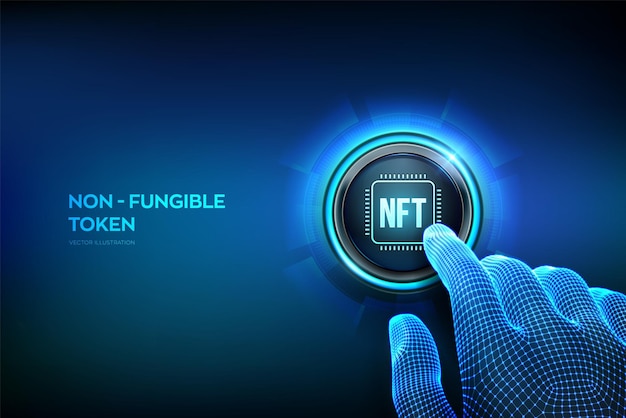 Nft nonfungible token digital crypto art концепция технологии блокчейн инвестиции в криптографию крупным планом палец собирается нажать кнопку векторная иллюстрация