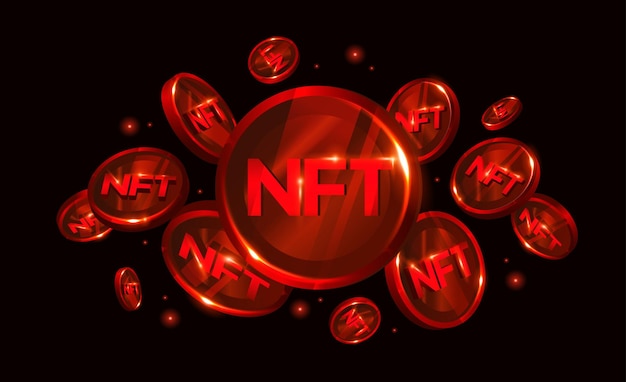 NFT nonfungible token illustration with red  glowing lights dark blue background. Crypto price falls