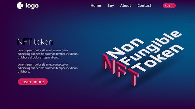 NFT nonfungible token website template with isometric text on blue background New class of coins Pay for unique collectibles in games or art Vector illustration