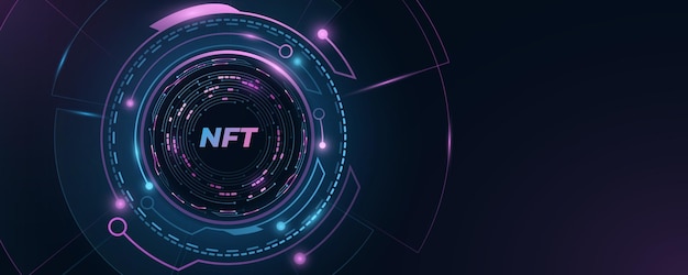 NFT nonfungible tokens background Glowing blue and purple HUD elements with computer circuit board Futuristic hitech digital concept Abstract technology cover EPS 10